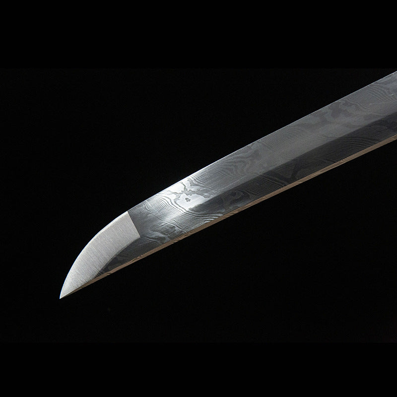 Fuchiryuu Tachi, covered with earth and burned blade, real handmade samurai sword, one-piece long sword, patterned steel Damascus pattern - Steel myth
