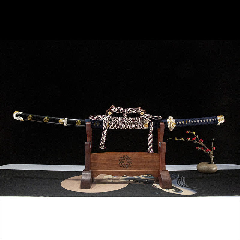 Two-color lion Tachi, patterned steel, earth-covered burnt blade, pill forging, integrated keel handle, brass decoration - Steel myth
