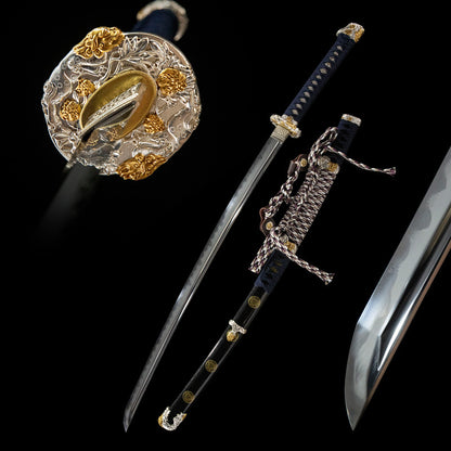 Two-color lion Tachi, patterned steel, earth-covered burnt blade, pill forging, integrated keel handle, brass decoration - Steel myth