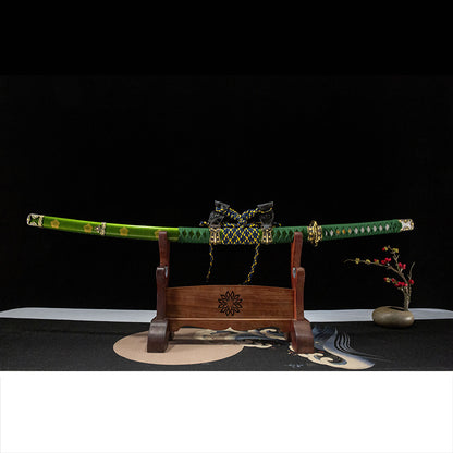 Fuchiryuu Tachi, covered with earth and burned blade, real handmade samurai sword, one-piece long sword, patterned steel Damascus pattern - Steel myth