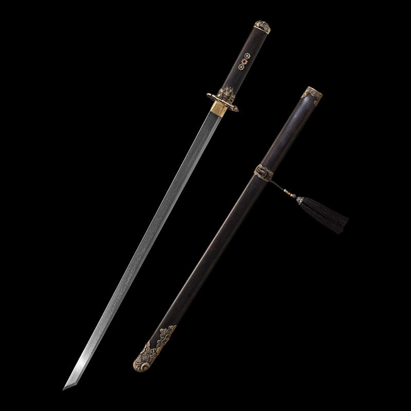 Fire Dragon Tang Dynasty Sword, ebony wood,  Refined pattern steel with phoenix tail pattern, hand-forged - Steel myth