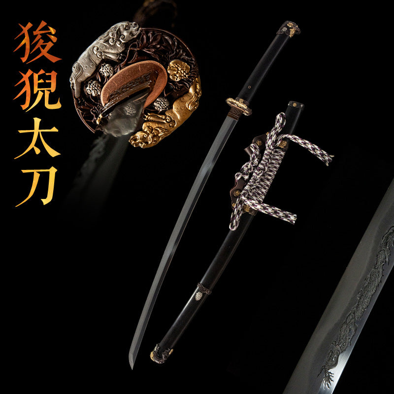 Yakini Tachi, covered with earth burning blade, Uzi steel, covered with soil burning blade, ebony scabbard, integrated keel handle - Steel myth