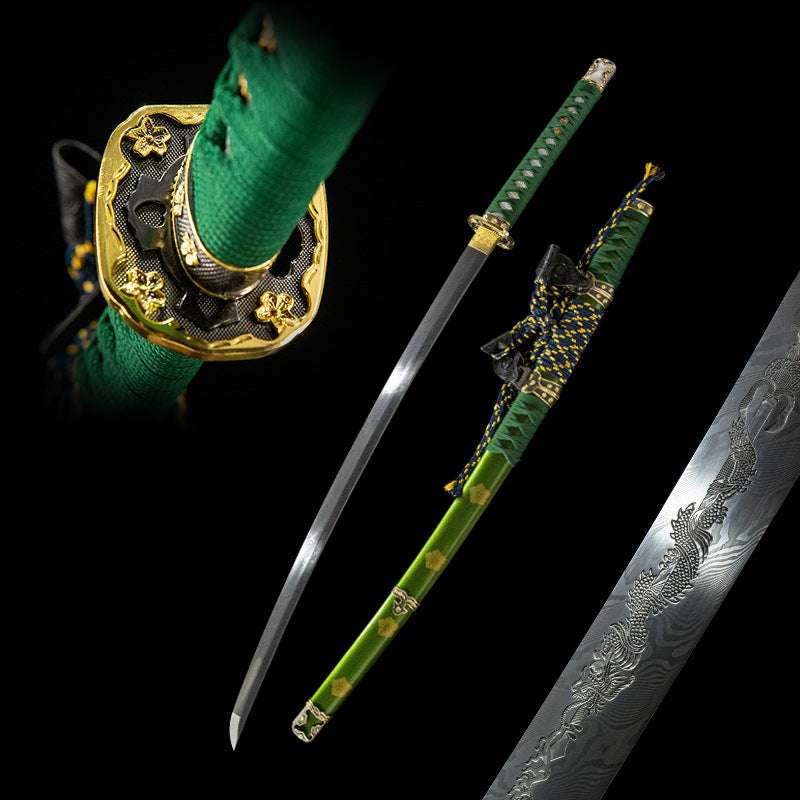 Fuchiryuu Tachi, covered with earth and burned blade, real handmade samurai sword, one-piece long sword, patterned steel Damascus pattern