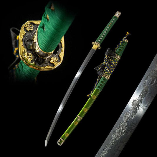 Fuchiryuu Tachi, covered with earth and burned blade, real handmade samurai sword, one-piece long sword, patterned steel Damascus pattern