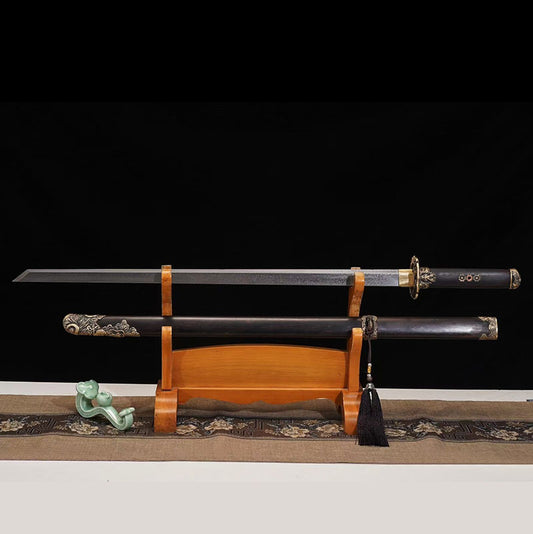 Fire Dragon Tang Dynasty Sword, ebony wood,  Refined pattern steel with phoenix tail pattern, hand-forged